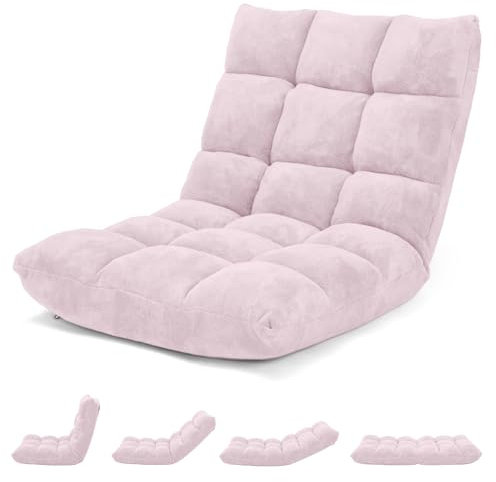 HOMASIS Sedia da Pavimento con Schienale Regolabile in 14 Angoli, Sedia Pieghevole in Velluto a Costine, Poltrona Imbottita per Lettura, Meditazione, Cuscino da Terra, 15cm Spessori (Rosa Chiaro)