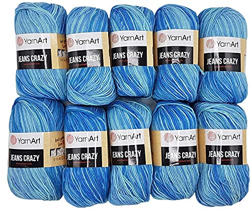 500g Strickwolle Ilkadim Export Jeans Crazy mehrfarbig mit 55% Baumwolle, 10 x 50 Gramm Baumwoll-Strickgarn mit Farbverlauf (blau hellblau 8212)