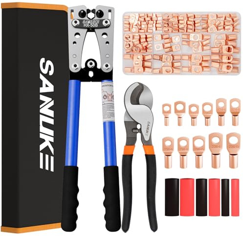 Sanuke Battery Cable Lug Crimping Tool Kit for AWG 8-1/0 Electrical Wire Lugs, Wire Crimper with 100pcs Ring Terminals 100pcs Heat Shrink Tubing and A Bag