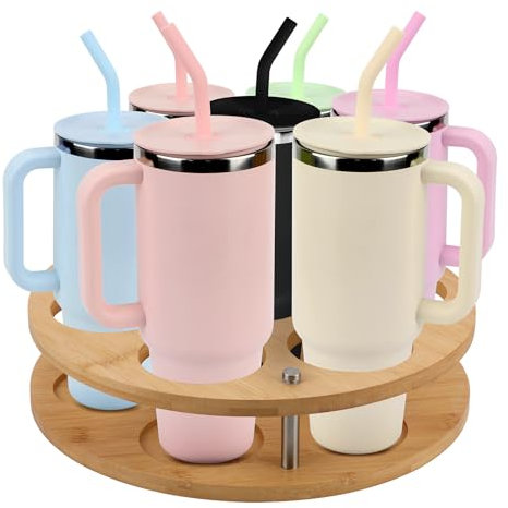 Organisateur de Bouteille d'Eau, Organisateur de Tasse en Bois Rotatif pour Stanley Tasse Rangement de Tasse pour 7 Bouteilles avec Design Rainuré Porte Gobelet Stable pour Stanley