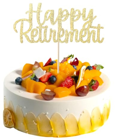 Sibba 2Pcs Gold Glitter Happy Retirement Cake Topper, Retired Party Cake Decoration Picks with Reusable Design for Retirement Party Supplies(Gold)
