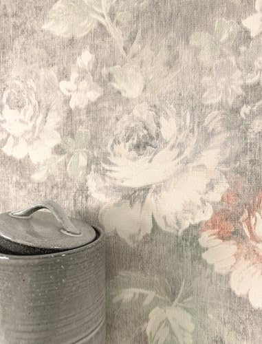 Newroom Vliestapete Grau Rosen Tapete Floral Vintage Wohnzimmer | Verwaschener Vintage-Look, feine Leinenstruktur, große Rosenblüten Rosé, Rosentapete Landhausstil, Mustertapete Schlafzimmer