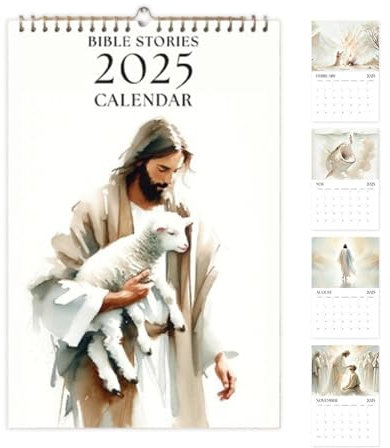 Bible Stories 2025 Kalender, Jesus-Kalender, 2025 monatiger Bibel-Wandkalender mit Haken, 12 Monate Spiralbindung, Wandkalender 2025, christliche Bibelgeschichten, Heimdekoration, Bibelvers-Kalender,