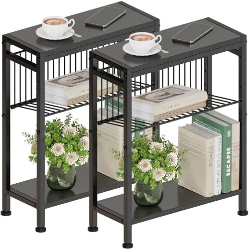 Lot de 2 tables d'appoint étroites à 3 étagères - Table de chevet étroite avec porte-revues - Canapé - Table d'appoint - Petite table basse pour salon, chambre à coucher, cuisine et balcon - Noir