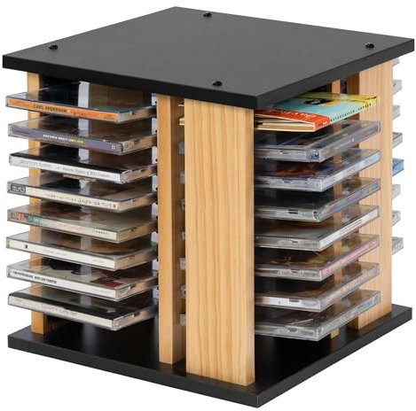WelFurGeer CD-Aufbewahrungsregal aus Massivholz, um 360 ° drehbarer CD-Hüllenhalter - Halten Sie bis zu 68 CD-Hüllen, DVD-Hüllen-Aufbewahrungsregal, CD/DVD-Organizer-Regal für Zuhause, Büro, Theater