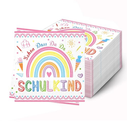 Einschulung Servietten Regenbogen,Schulkind 2025 Mädchen Deko Schuleinführung Tischdeko Rosa Endlich Schulbeginn Tischläufer,Junge Schule Papierservietten Einschulungsdeko,für Schulanfangssaison (40)