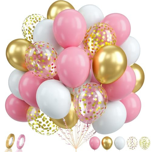 Tourima 60 Stück 12 Zoll Luftballons Rosa Pink Pastell Ballons Set mit 25x 30cm + 10m Gold & Rosa Bändern für Ballongirlande Luftballons Pink Geburtstag Deko Mädchen Luftballons Rose Gold Weiß Bunt