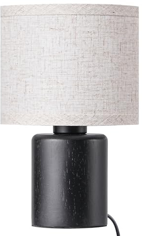 EDISHINE Lámpara de Mesa, Lámpara de Noche LED con Base de Madera Maciza Negra y Pantalla de Lino Color Arena, Compatible con E27 para Dormitorio y Salón, Altura 30 cm, Bombilla LED 4W Incluida