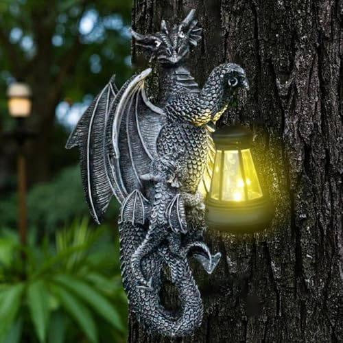 Tuzsocr Drachen Gartenfiguren mit Solarlampen, Wetterfest Drachen Gartendeko für Draußen, Solar Drachenstatue für Außen Bäume Terrasse Und Hof, Einzigartiges Geschenk für Männer Frauen (Drache)