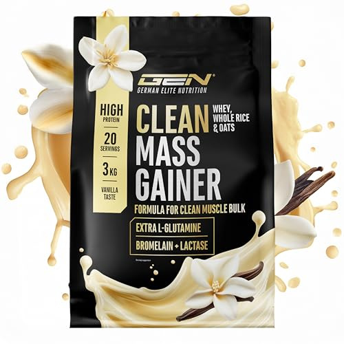 GEN GERMAN ELITE NUTRITION Clean Weight Gainer - 3 kg | Vanilla - für Massephase & Zunehmen - Kohlenhydrate & Protein - Laborgeprüft - Vegetarisch