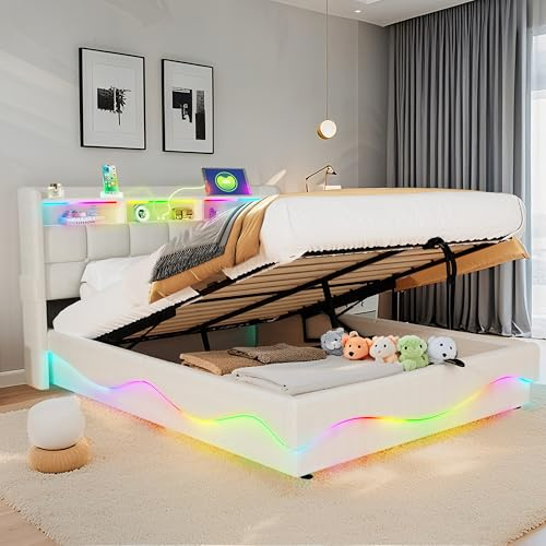 XMETPR Estructura de Cama de Cuero 160x200cm con Carga USB Type-C, Blanco