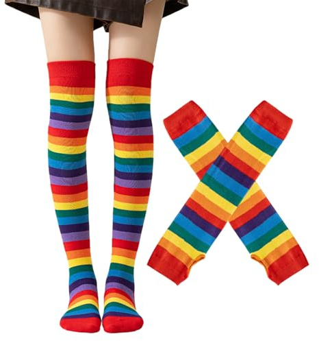GWAWG Gestreifte Overknees Strümpfe und Fingerlose Handschuhe Damen, Regenbogen Kostüm Set für Halloween, Karneval, Fasching, Zirkus, Cosplay und Mottoparty