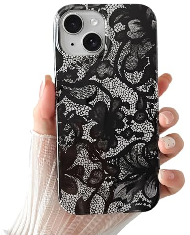 SmoBea iPhone 15 Hülle, Schwarze Spitze Vintage-Muster, Weiches und Dünnes Stoßfestes TPU für Damen und Mädchen – Schwarz