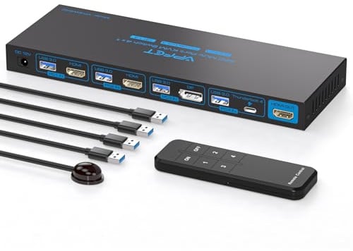 4K144Hz KVM Switch 4 Computer 1 Monitor USB 3.0 DisplayPort + 2HDMI + USB C KVM Switches 4 Ports für 4 Computer Teilen 1 Monitor und Tastatur Maus usw. mit Controller