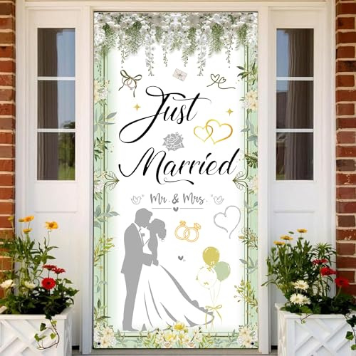 Hochzeit Deko Just Married Banner - Hochzeitsdeko Frisch Verheiratet Mr und Mrs Türbanner 185 x 90 cm, Stoff Hintergrund Wand Garten Dekoration für Brautdusche Party (Grün)