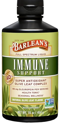 Barlean's Olive Leaf Complex Liquid Immune Support Supplement with 95mg Oleuropein Antioxidants for Seasonal Wellness, Heart Health, & Immune System Booster, 16 Ounce