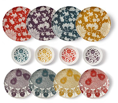 Cartaffini – Juego Damasco Completo, de 12 Piezas: 4 Platos Llanos, 4 Platos de Postre, 4 Cuencos (Colores Ocre, petróleo, Berenjena y Rojo)