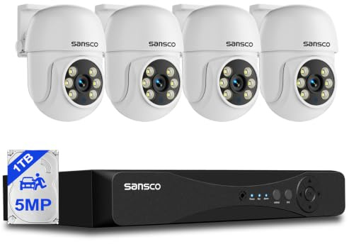 SANSCO 2-Way Audio, 3K Color Night Vision Wired 8CH Home CCTV Camera System | 1TB HDD 24/7 Recording, 4 x 5MP PTZ 360° Rotating Security Camera Outdoor, Face Human Vehicle Detection, Support Up to 8-Cam