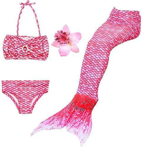 DAXIANG 3 Pièces Maillot de Bain Fille Queue de Sirène Princesse Séchage Rapide Bikini Piscine Enfant(140(8-9 Ans), Rose)