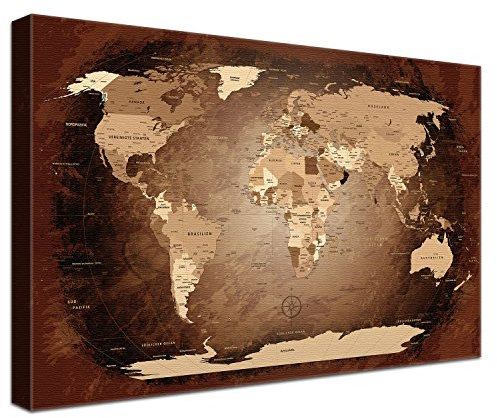 LanaKK – Weltkarte Luxus Ausführung – „Worldmao Antik” - deutsch - Kunstdruck-Pinnwand auf 4cm Echtholz-Keilrahmen – Globus in braun, einteilig & fertig gerahmt in 150x100cm