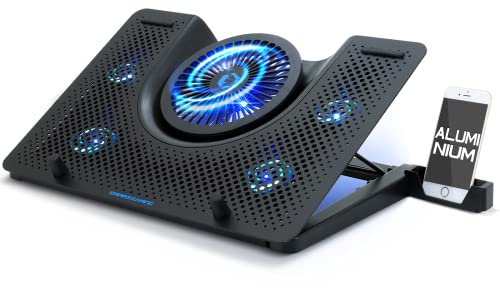 EMPIRE GAMING - Turboost Aluminium Kühler für Gamer Laptop - Kühlung Pad kompatibel mit 12 bis 17 Zoll-5 - leise Ventilatoren-5 ergonomisch einstellbare Höhen-Blaue LED-USB