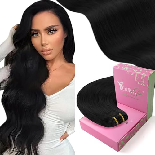 YoungSee Echthaar Tressen zum Einnahen Schwarz Haarverlängerung Echthaar Tressen Schwarz Remy Haar Sew in Weft Hair Extensions Echthaar für Damen 40 cm 100g #1