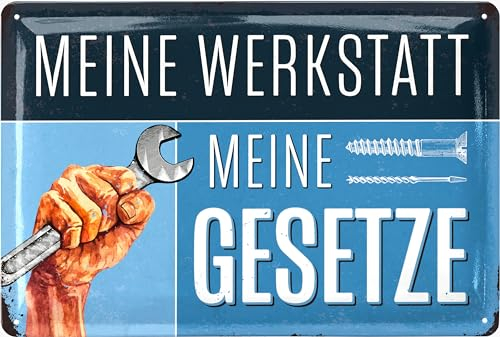 LANOLU retro Blechschild WERKSTATT REGELN - Deko Werkstatt Papa, Vatertagsgeschenk Blechschild, Werkstattschilder Papa - Metallschilder mit Sprüchen, 20x30 cm
