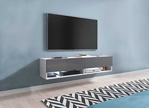 DecoInParis Meuble TV Suspendu 2 Portes 2 niches Blanc et Gris Romane XXL - 180 cm
