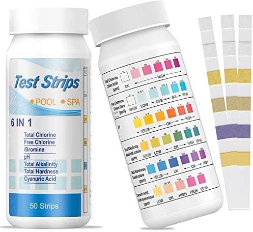 50 Stück Pool Teststreifen, Pool PH Teststreifen, 6-in-1 Wassertester, Einfache und schnelle Erkennung von pH-Wert, Gesamtalkalität, Cyanursäure, Gesamtchlor, freiem Chlor und Härte