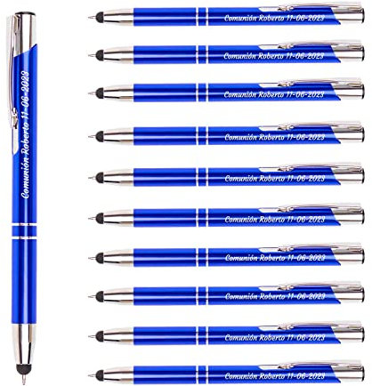 Pack 15 bolígrafos PERSONALIZADOS con tu nombre o texto | Brila Azul | Puntero para dispositivos móviles | Grabado a láser | Lote bolígrafos publicitarios, bodas, comuniones, merchandising…