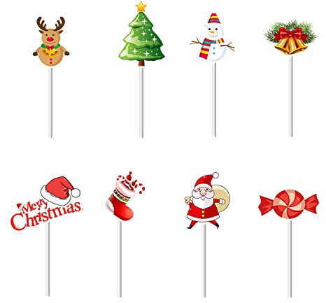 Trimming Shop 24pcs Christmas Cupcake Toppers Picks Merry Christmas Stocking Santa Claus Reindeer Christmas Tree Snowman Jingle Bell Chocolate Fruit Cocktail Fruit Picks for Xmas Party Supplies Favor