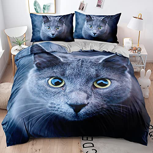 DXHOME Katzen Bettwäsche 135x200 3D Haustier Britisch Kurzhaar Wendebettwäsche 2 teilig Flauschige Blau Weiß Mikrofaser Bettwäsche Kinder Mädchen Jungen mit Reißverschluss und 80x80 cm Kissenbezug