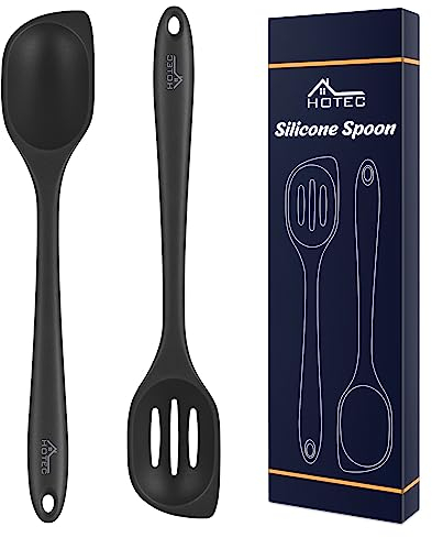 HOTEC Espátula de cocina de silicona resistente al calor, grandes cucharas de cocina sólidas y acanaladas para mezclar, servir, raspar, antiadherente, apta para lavavajillas, negro, 31,7 cm