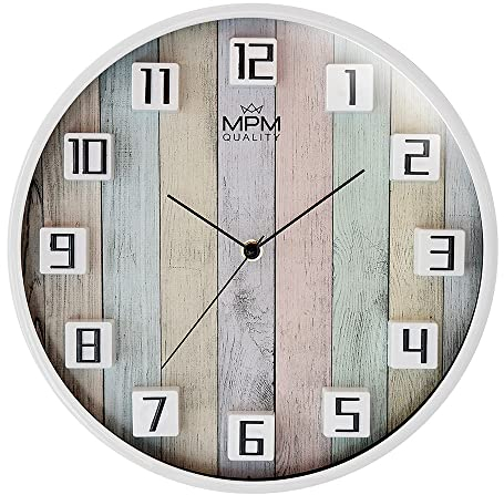 MPM Quality Lemali Design Kunstoff Wanduhr, 3D arabische Ziffern, Weiß/Bunt/Holz Motiv, Quarz-Uhrwerk Sweep, modern, Analog, Wand-Deko, Dekoration Wohnzimmer, Küche, Büro, Schlafzimmer, ∅ 304x42 mm