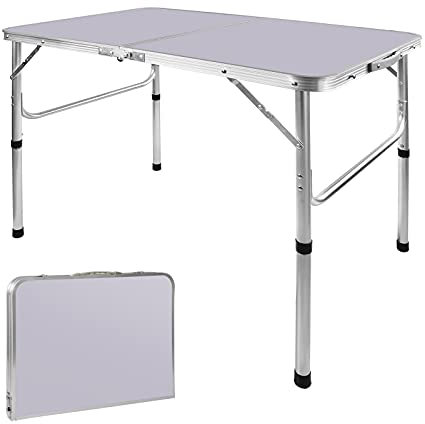 Bowose Klapptisch 90CM X 60CM Aluminiumrahmen, verstellbare Höhe 37 oder 67CM, tragbarer Campingtisch Reisetisch für Innen- und Außenpicknick, Grill, Esstisch mit Griff (Weiß)