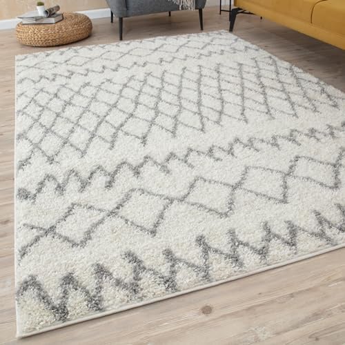THE RUGS Modern Moroccan Design Living Room and Bedroom Rugs, Non-Shedding & Easy Care (Tangier Ivory/Grey, 200x290 cm)