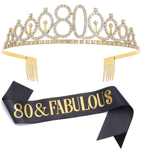 80 & Fabulous Schärpe & Strass Tiara Set 80 Geburtstag Geschenke für Frauen Schwarz Gold Geburtstag Schärpe Tiara für Frauen 80 Geburtstag Party Dekoration (Schwarz 80th)