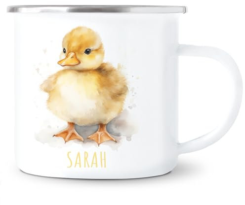 Ente Emaille Tasse Kinder Trinkbecher personalisierte Kindertasse mit Namen süßer Kinderbecher für Mädchen & Jungen Geschenk Emaille Becher 300 ml