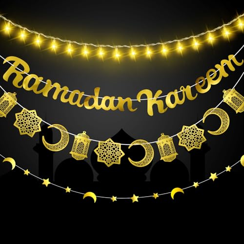 Weewooday 4 Stück Eid Dekorationen Goldene Ramadan Stern Mond Girlande Mond Lichterketten Hängende Laternen Luftschlange Banner Hintergrund Islamische Dekorationen für Zuhause Partys (Ramadan Stil)