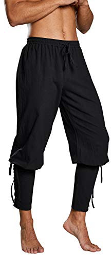 Runcati Herren Piratenhose Mittelalter Hose Cosplay Kostüm Schnürhose Renaissance Wikinger Steampunk Freizeithose, Schwarz, XXL