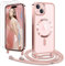 Ethanger Handyband für iPhone 15 Hülle mit Band + 2 Stück Glas Schutzfolie Transparent Silikon Handyhülle Magnetische Schutzhülle zum Umhängen Kordel für iPhone 15 Pink