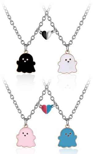 ARHZ 4 Pièces Magnétique Collier D Amitie Pour 2 Filles, Collier Bff Pour 2 Chaine Argent Femme, Fantôme Collier D'Amitié Pour 2-4, Collier Coeur Pendentif Pour Soeur Friend Cadeau Jeune Fille