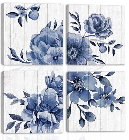 HPNIUB Watercolor Blue Flower Modern Abstract Paintings Canvas Wall Art,Navy Blue Floral Blooming Pictures on Canvas Prints for Living Room Bedroom Office Home Decor Set of 4(40 * 40cm)