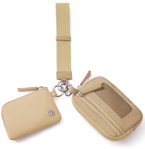 POIUGOYA Nylon-Geldbörse, Doppeltasche, Schlüsselanhänger, RFID-Geldbörse, kleine Geldbörse mit Münzfach, Ausweisfenster für Reisen, Khaki + Braun