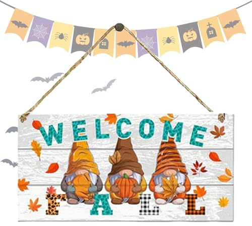 Herbstschild aus Holz - Willkommensschild für Wanddekoration, Willkommen Schild für Herbsteingangstür | Wichtel Holzschild für Eingangstür, Wandwichtel für
