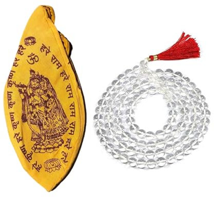 Sacred Clear Crystal Quartz Jaap Mala mit 100% reiner Baumwolle Hase Rama Hare Krishna bedruckte Gaumukhi Tasche – 1 Stück Mala (108 + 1 Perlen der Größe ca. 06 mm)