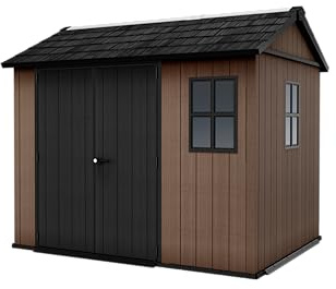 Keter Gartenhaus Newton 759/975, Naturholzoptik, Türen und Fenster, schwenkbar, braun, 5,2 m², 230 x 287 x 246 H cm