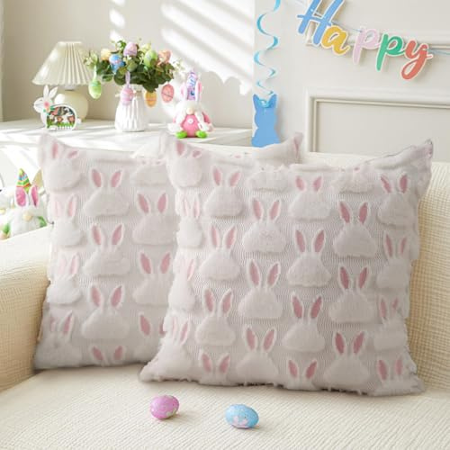 TETSMG Osterdeko Hase Kissenbezug 45x45 cm, 2 Stück Osterhase Deko Kissenbezüge, Osterdeko Modern Hase Kissenhülle Ostern, 3D Hase Kissenbezug Ostern für Wohnzimmer Schlafzimmer Deko