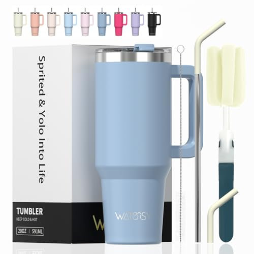 WATERSY 591 ml Vaso Termico con Pajita, Taza Termica de Acero Inoxidable, Termo con Asa, 20oz Tumbler Café para Frío y Caliente, Travel Mug, para Gimnasio, Viaje (Blue Spruce)