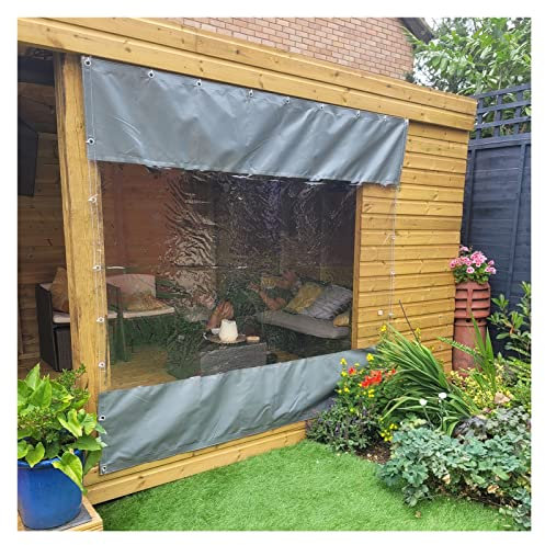 Outdoor Waterproof Transparent PVC Tarpaulin Pergola Side Panels All Seasons Universal Curtain Customizable Size 3.20x2.50m Ideal for Year Round Protection (Transparent+Gray)